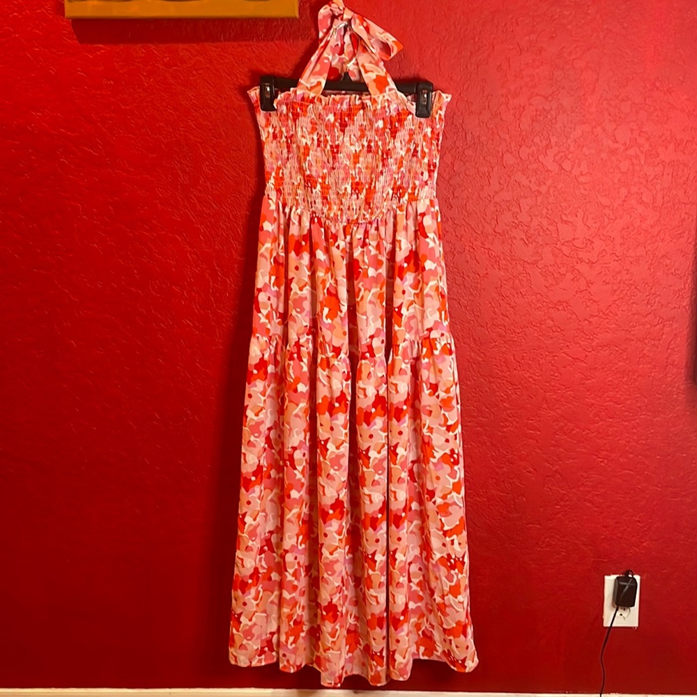 SHEIN all over floral shirred tie backless ruffle hem dress
